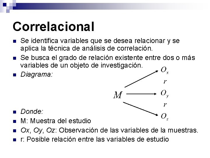 Correlacional n n n n Se identifica variables que se desea relacionar y se