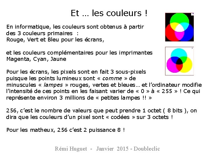 Et … les couleurs ! En informatique, les couleurs sont obtenus à partir des