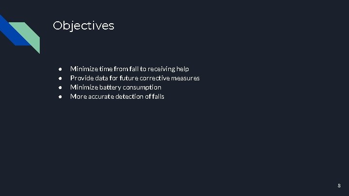 Objectives ● ● Minimize time from fall to receiving help Provide data for future