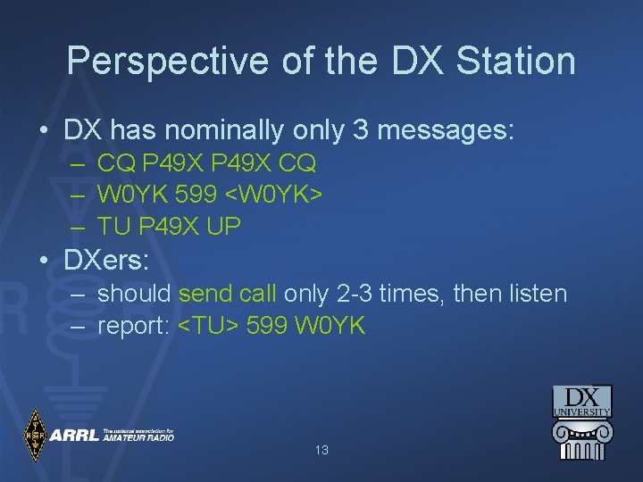 Perspective of the DX Station • DX has nominally only 3 messages: – CQ