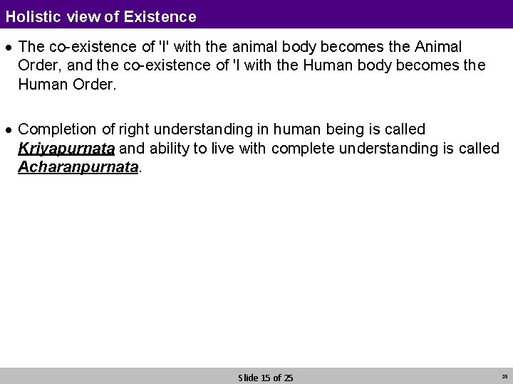 Holistic view of Existence · The co-existence of 'I' with the animal body becomes