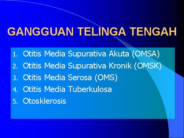 GANGGUAN TELINGA TENGAH 1. 2. 3. 4. 5. Otitis Media Supurativa Akuta (OMSA) Otitis