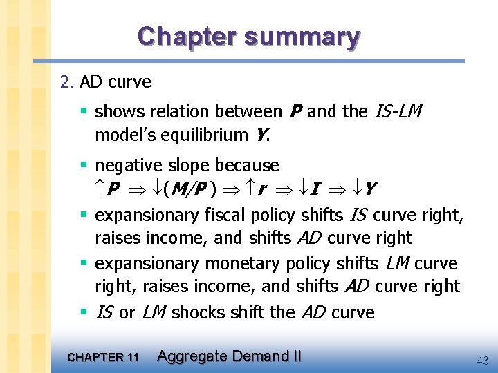 Chapter summary 2. AD curve § shows relation between P and the IS-LM model’s