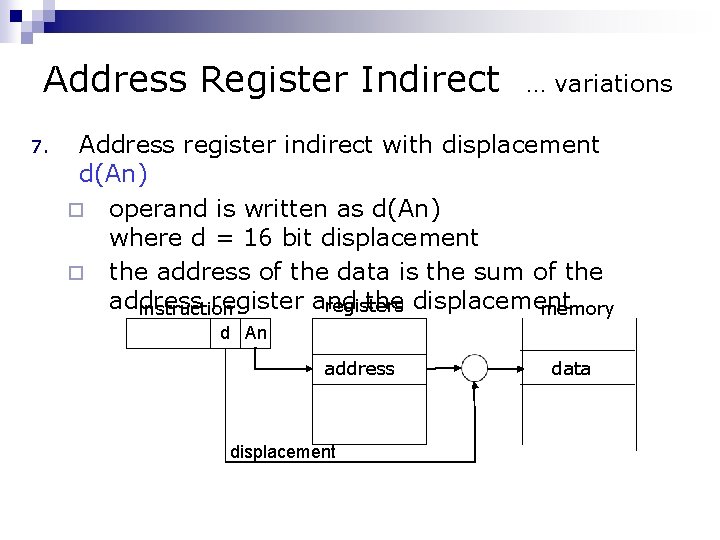 Address Register Indirect … variations 7. Address register indirect with displacement d(An) ¨ operand