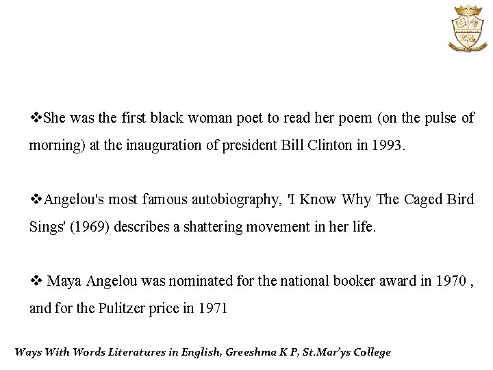 v. She was the first black woman poet to read her poem (on the