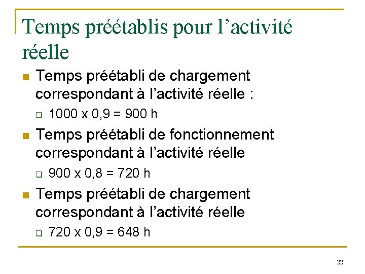 Temps préétablis pour l’activité réelle n Temps préétabli de chargement correspondant à l’activité réelle Temps préétablis pour l’activité réelle n Temps préétabli de chargement correspondant à l’activité réelle