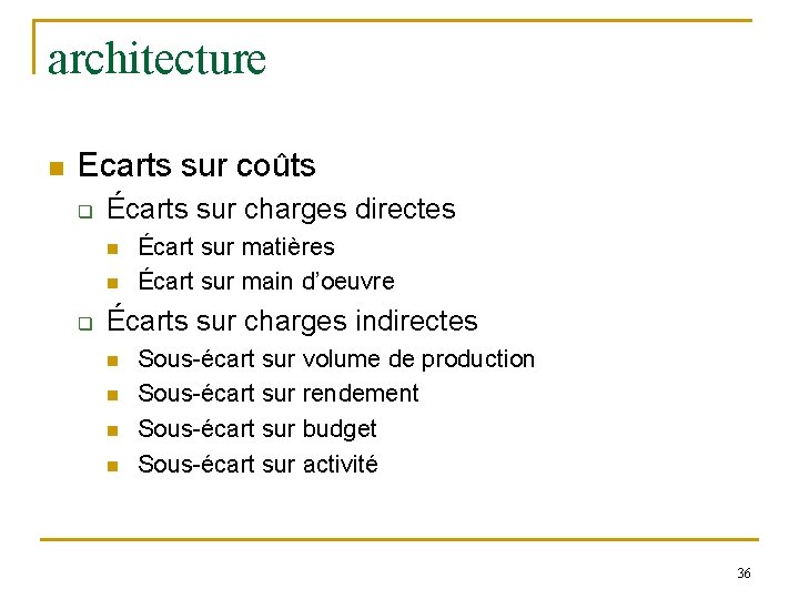 architecture n Ecarts sur coûts q Écarts sur charges directes n n q Écart architecture n Ecarts sur coûts q Écarts sur charges directes n n q Écart