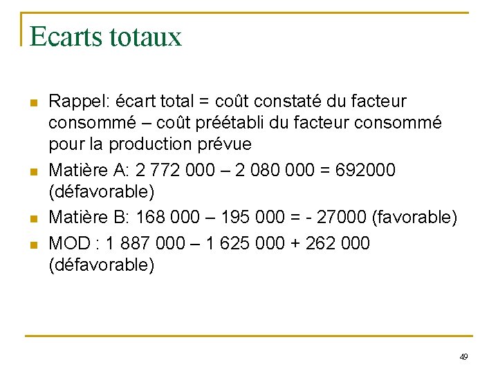Ecarts totaux n n Rappel: écart total = coût constaté du facteur consommé – Ecarts totaux n n Rappel: écart total = coût constaté du facteur consommé –