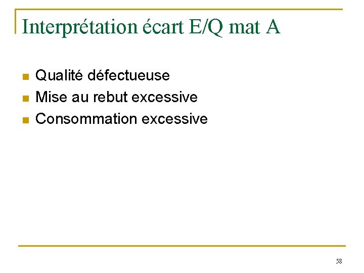 Interprétation écart E/Q mat A n n n Qualité défectueuse Mise au rebut excessive Interprétation écart E/Q mat A n n n Qualité défectueuse Mise au rebut excessive