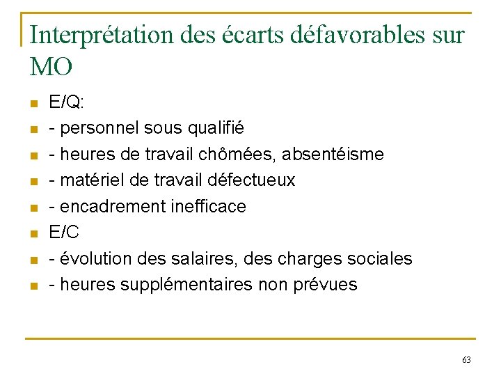 Interprétation des écarts défavorables sur MO n n n n E/Q: - personnel sous Interprétation des écarts défavorables sur MO n n n n E/Q: - personnel sous