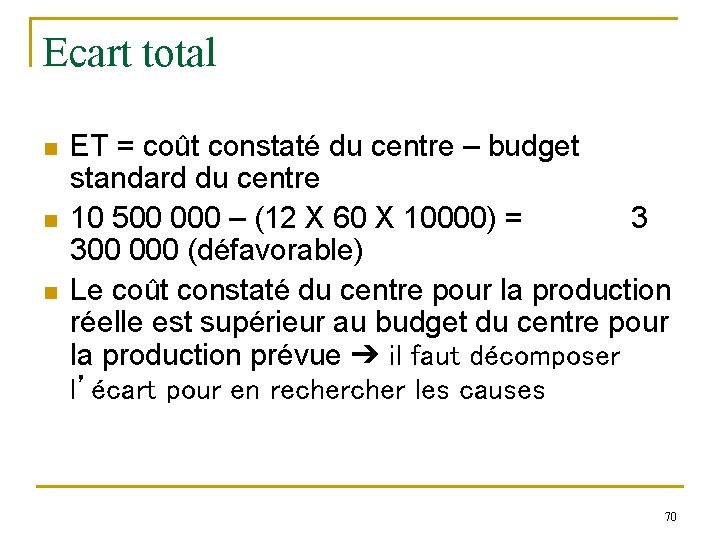 Ecart total n n n ET = coût constaté du centre – budget standard Ecart total n n n ET = coût constaté du centre – budget standard