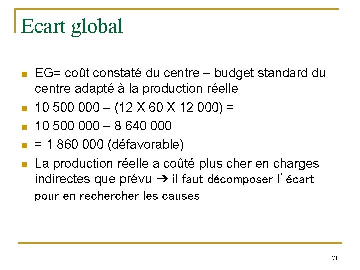 Ecart global n n n EG= coût constaté du centre – budget standard du Ecart global n n n EG= coût constaté du centre – budget standard du