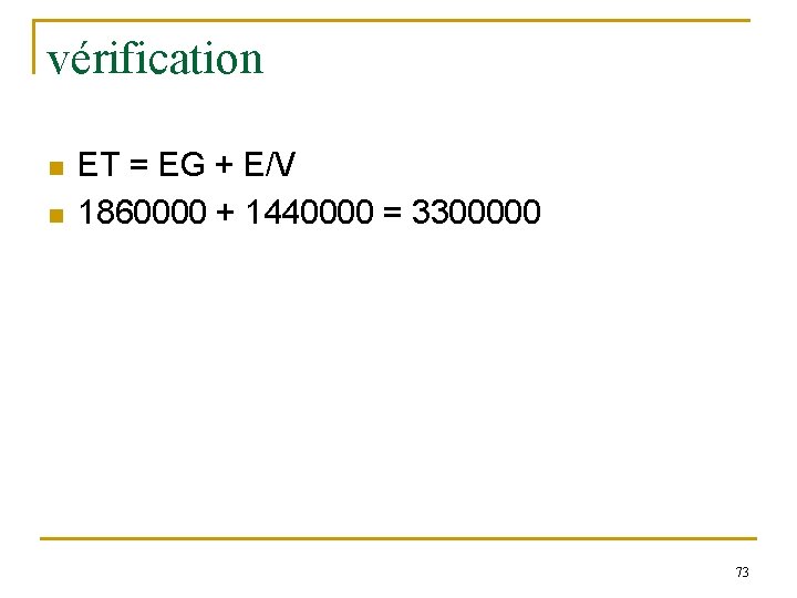 vérification n n ET = EG + E/V 1860000 + 1440000 = 3300000 73 vérification n n ET = EG + E/V 1860000 + 1440000 = 3300000 73