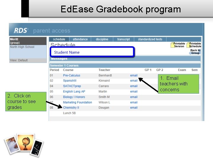 Ed. Ease Gradebook program 1. Email teachers with concerns 2. Click on course to