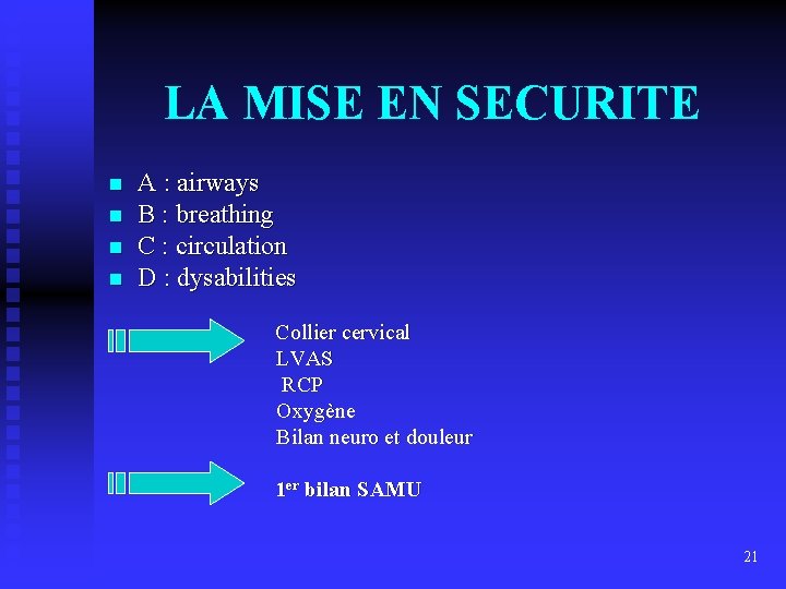 LA MISE EN SECURITE n n A : airways B : breathing C :