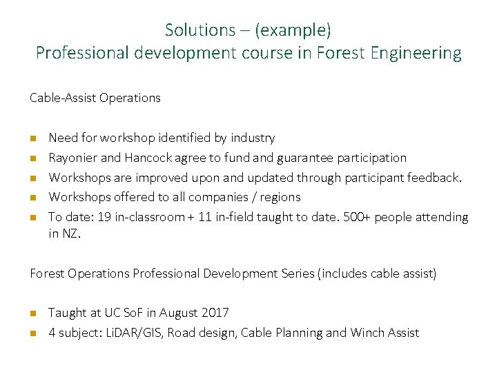 Solutions – (example) Professional development course in Forest Engineering Cable-Assist Operations n n n