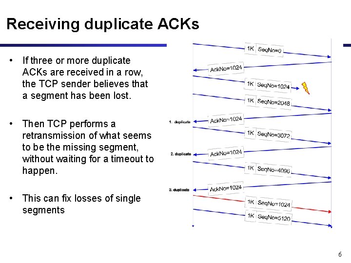 Receiving duplicate ACKs • If three or more duplicate ACKs are received in a