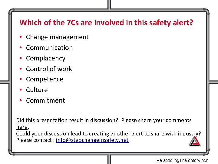 Which of the 7 Cs are involved in this safety alert? • • Change