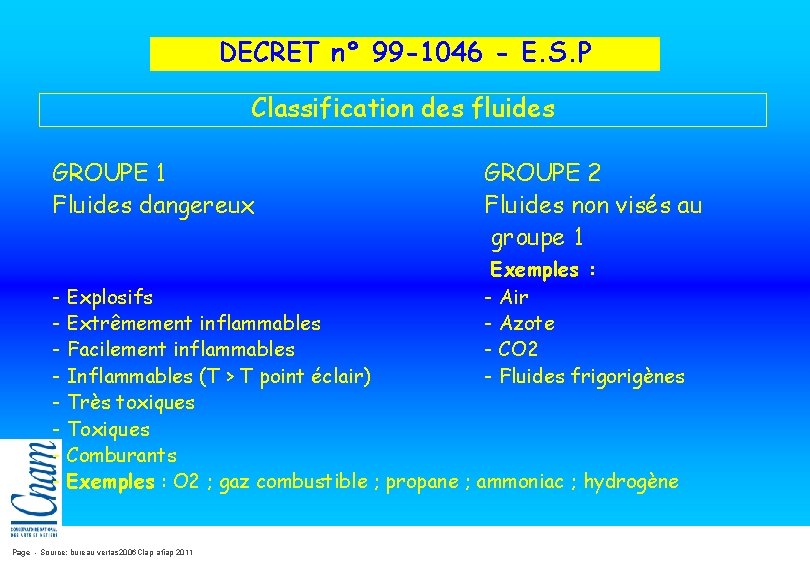DECRET n° 99 -1046 - E. S. P Classification des fluides GROUPE 1 Fluides DECRET n° 99 -1046 - E. S. P Classification des fluides GROUPE 1 Fluides