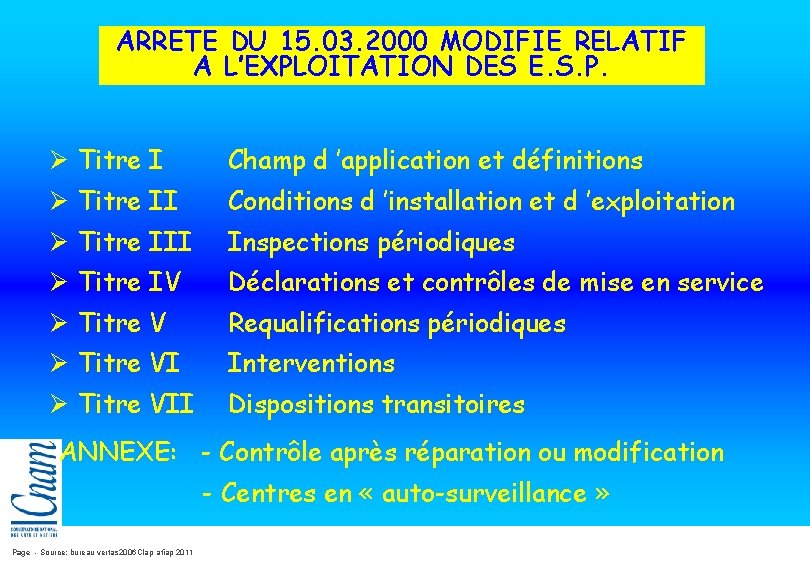 ARRETE DU 15. 03. 2000 MODIFIE RELATIF A L’EXPLOITATION DES E. S. P. Ø ARRETE DU 15. 03. 2000 MODIFIE RELATIF A L’EXPLOITATION DES E. S. P. Ø