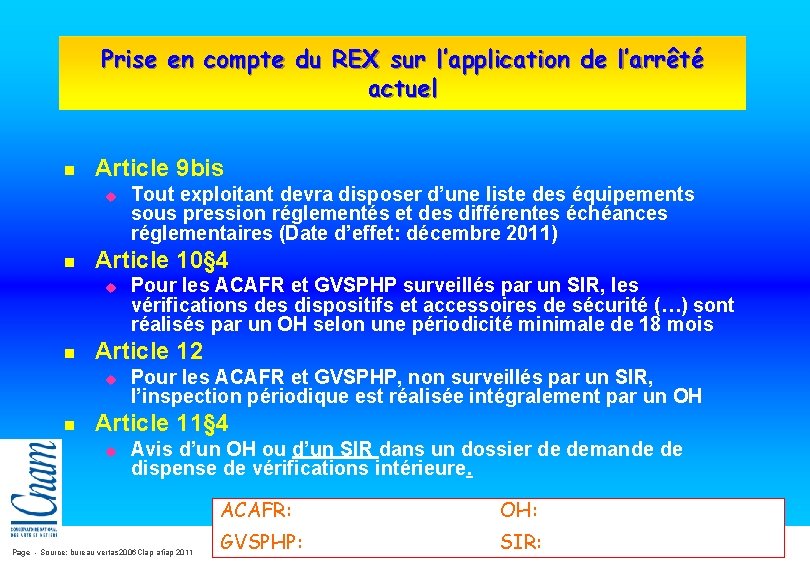 Prise en compte du REX sur l’application de l’arrêté actuel n Article 9 bis Prise en compte du REX sur l’application de l’arrêté actuel n Article 9 bis