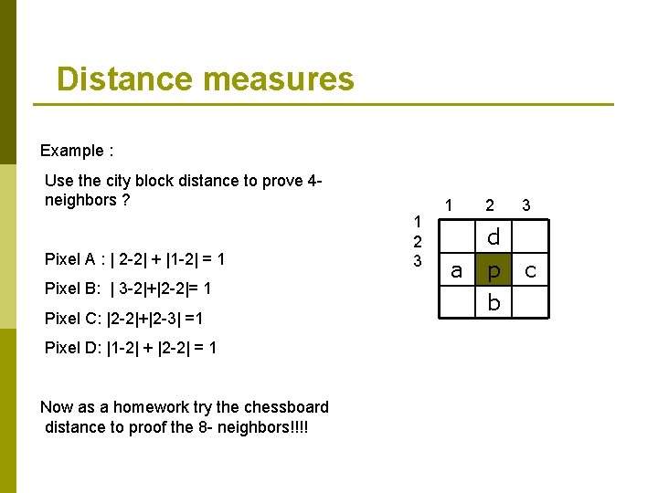 Distance measures Example : Use the city block distance to prove 4 neighbors ?