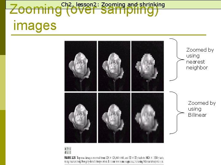 Ch 2, lesson 2: Zooming and shrinking Zooming (over sampling) images Zoomed by using