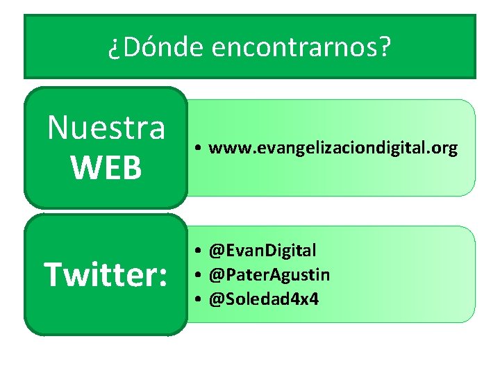 ¿Dónde encontrarnos? Nuestra WEB • www. evangelizaciondigital. org Twitter: • @Evan. Digital • @Pater.