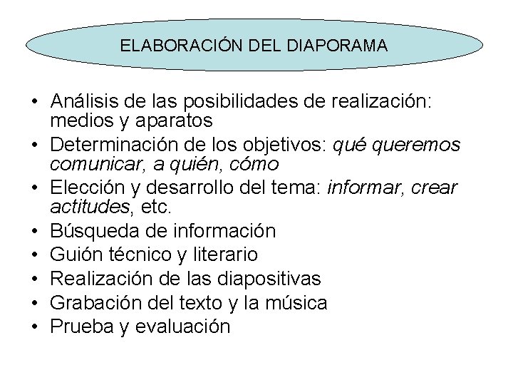 ELABORACIÓNdel DEL DIAPORAMA Elaboración Diaporama • Análisis de las posibilidades de realización: medios y