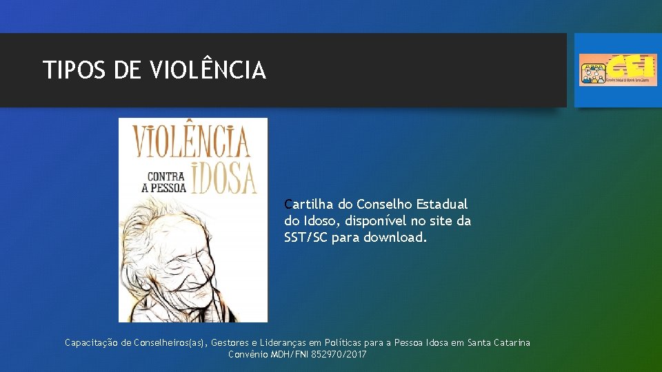 TIPOS DE VIOLÊNCIA Cartilha do Conselho Estadual do Idoso, disponível no site da SST/SC