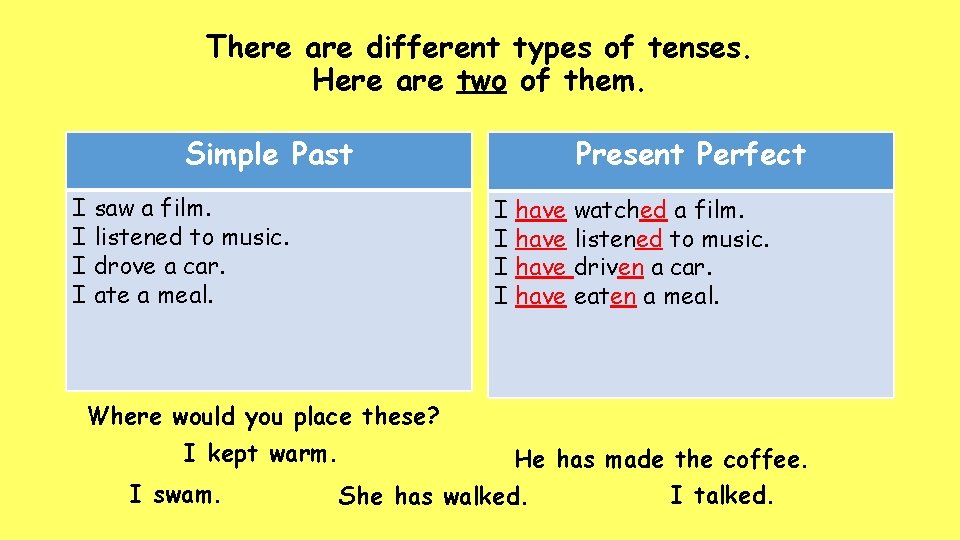 There are different types of tenses. Here are two of them. Simple Past I There are different types of tenses. Here are two of them. Simple Past I