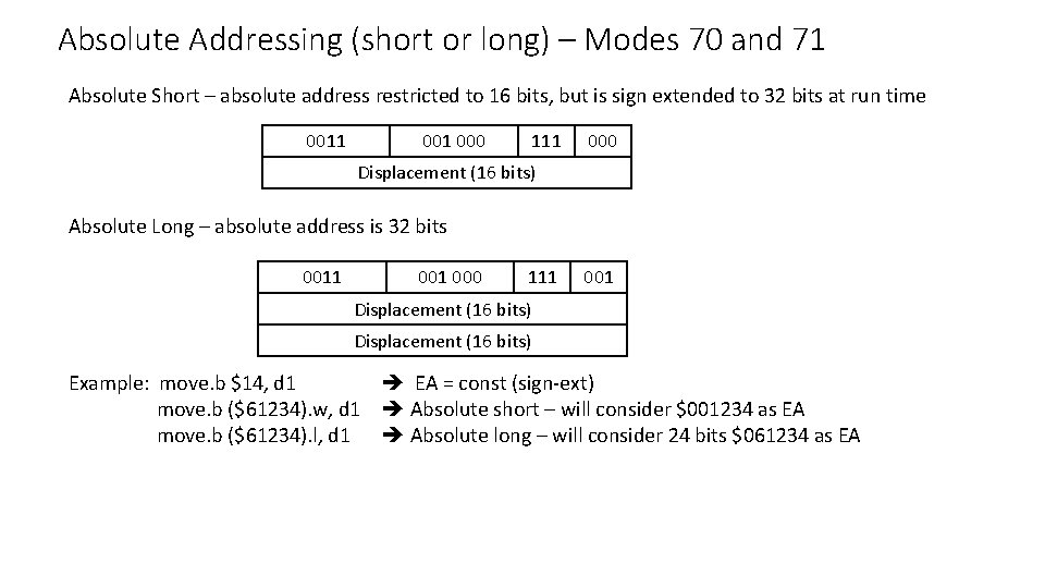 Absolute Addressing (short or long) – Modes 70 and 71 Absolute Short – absolute