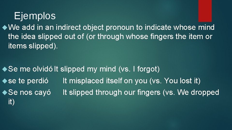 Ejemplos We add in an indirect object pronoun to indicate whose mind the idea