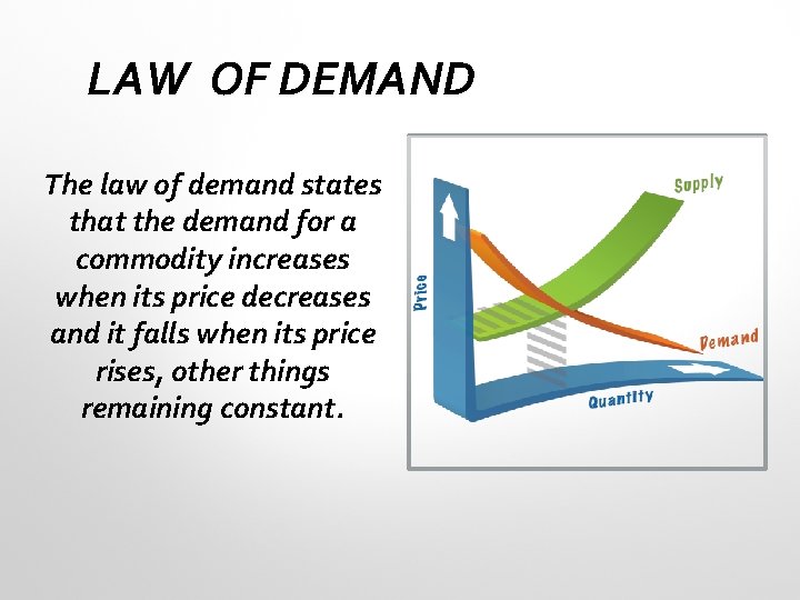 LAW OF DEMAND The law of demand states that the demand for a commodity