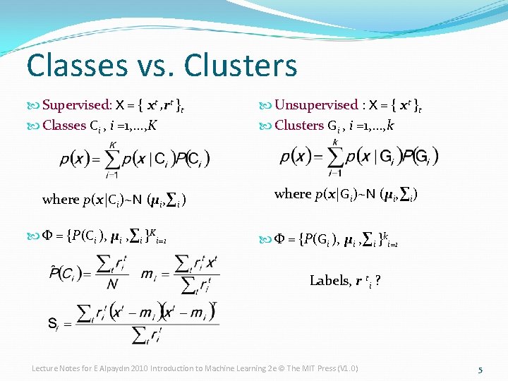 Classes vs. Clusters Supervised: X = { xt , rt }t Classes Ci ,