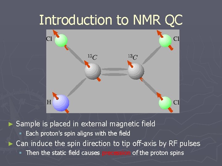 Introduction to NMR QC ► Sample is placed in external magnetic field § Each