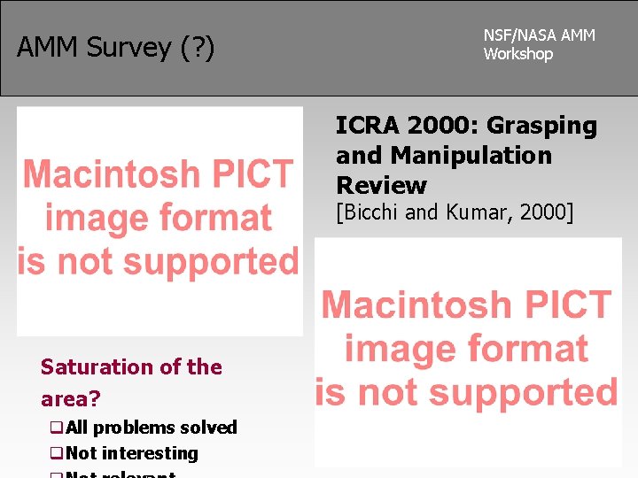 AMM Survey (? ) NSF/NASA AMM Workshop ICRA 2000: Grasping and Manipulation Review [Bicchi