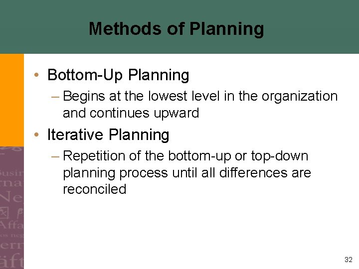 Methods of Planning • Bottom-Up Planning – Begins at the lowest level in the