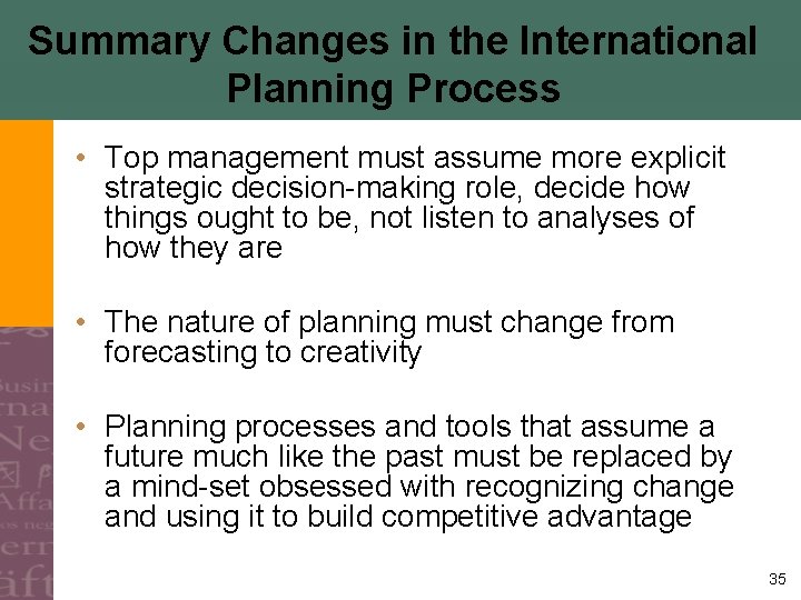 Summary Changes in the International Planning Process • Top management must assume more explicit