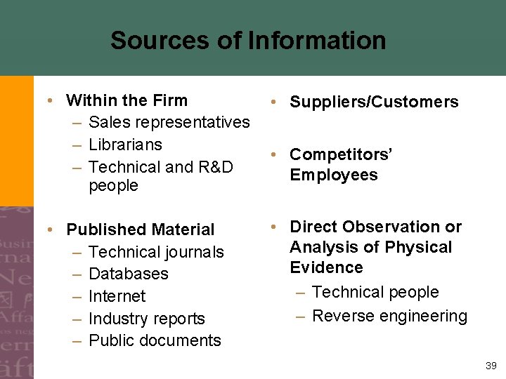 Sources of Information • Within the Firm – Sales representatives – Librarians – Technical