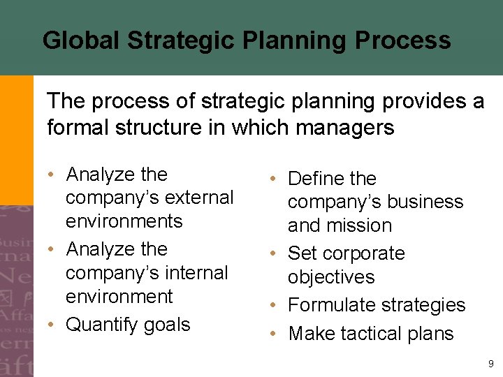 Global Strategic Planning Process The process of strategic planning provides a formal structure in