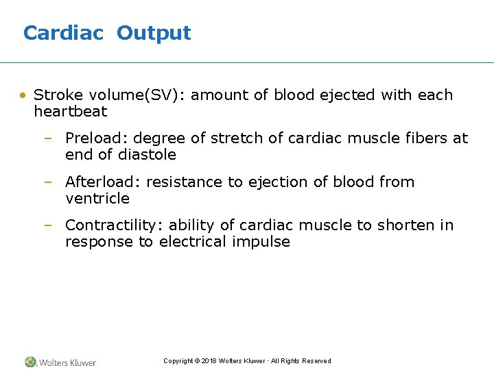 Cardiac Output • Stroke volume(SV): amount of blood ejected with each heartbeat – Preload: