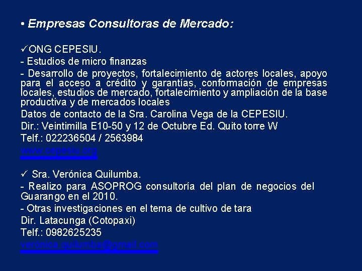  • Empresas Consultoras de Mercado: üONG CEPESIU. - Estudios de micro finanzas -
