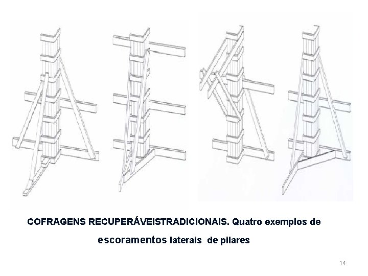 COFRAGENS RECUPERÁVEISTRADICIONAIS. Quatro exemplos de escoramentos laterais de pilares 14 COFRAGENS RECUPERÁVEISTRADICIONAIS. Quatro exemplos de escoramentos laterais de pilares 14