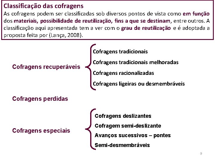 Classificação das cofragens As cofragens podem ser classificadas sob diversos pontos de vista como Classificação das cofragens As cofragens podem ser classificadas sob diversos pontos de vista como