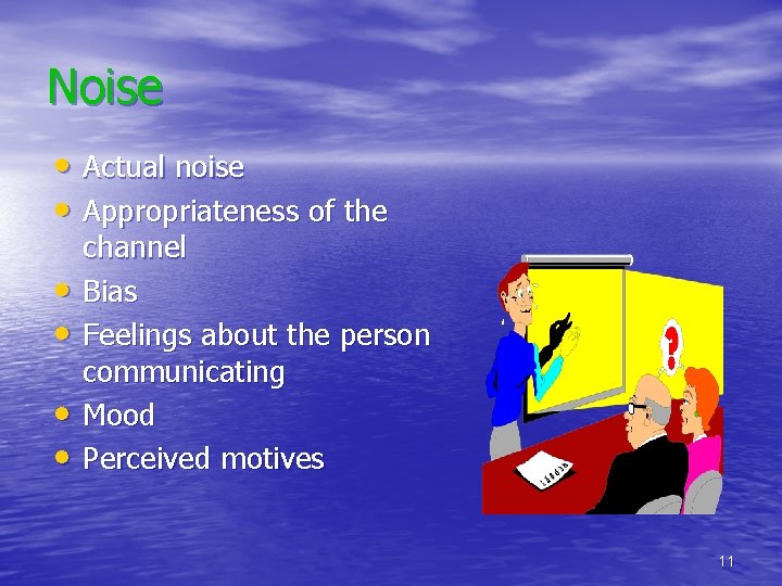 Noise • Actual noise • Appropriateness of the • • channel Bias Feelings about