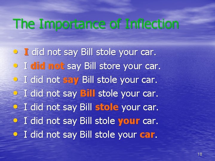 The Importance of Inflection • • I did not say Bill stole your car.