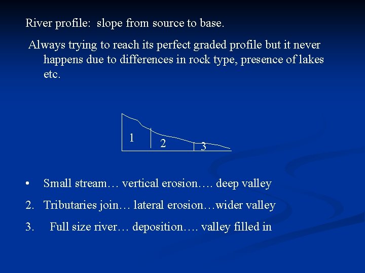 River profile: slope from source to base. Always trying to reach its perfect graded