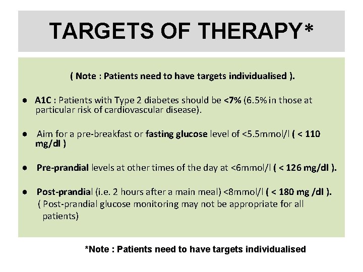 TARGETS OF THERAPY* ( Note : Patients need to have targets individualised ). ●