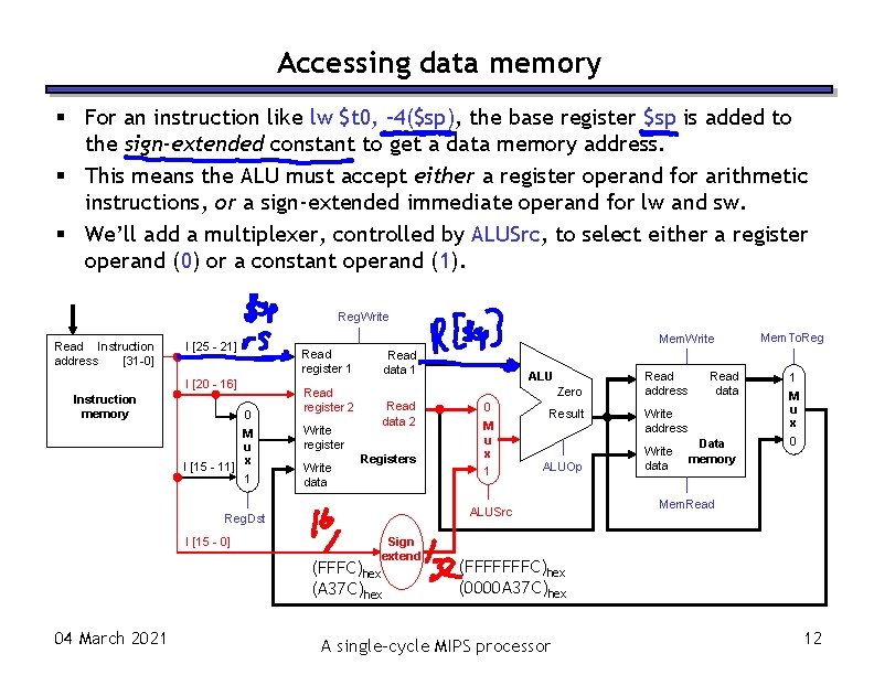 Accessing data memory For an instruction like lw $t 0, – 4($sp), the base